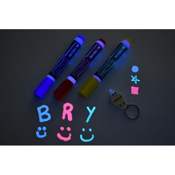 12 Markers with 4 UV Lights Opticz Invisible UV Blacklight Reactive Fine Tip Ink Markers Blue Red Yellow 